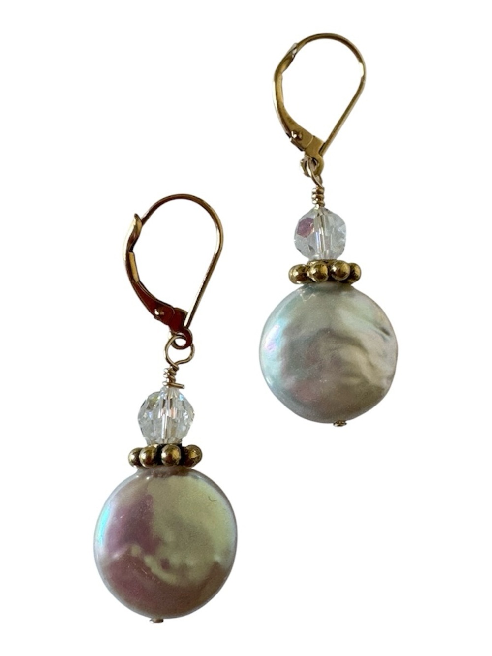 Coin Pearl 14k Yellow Gold Leverback Swarovski Crystal Drop Earrings NEW